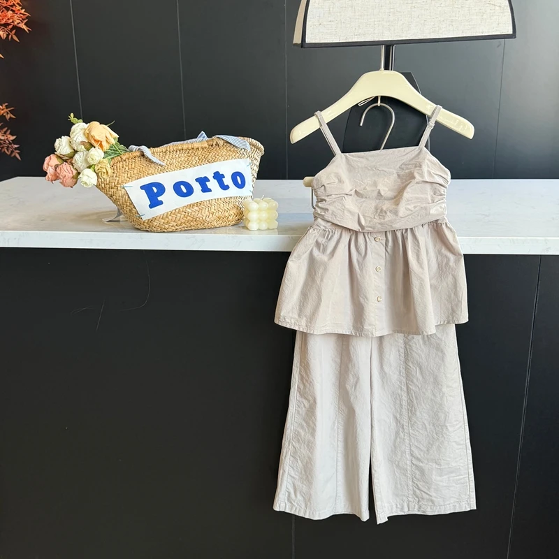 【现货】leomama女童甜美褶皱吊带套装夏季上衣九分洋气裤两件套