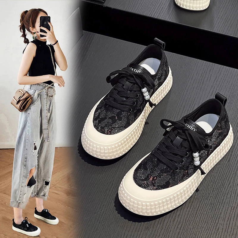 厚底渔夫鞋女蕾丝网薄款透气板鞋2025夏季新款小香风休闲饼干女鞋