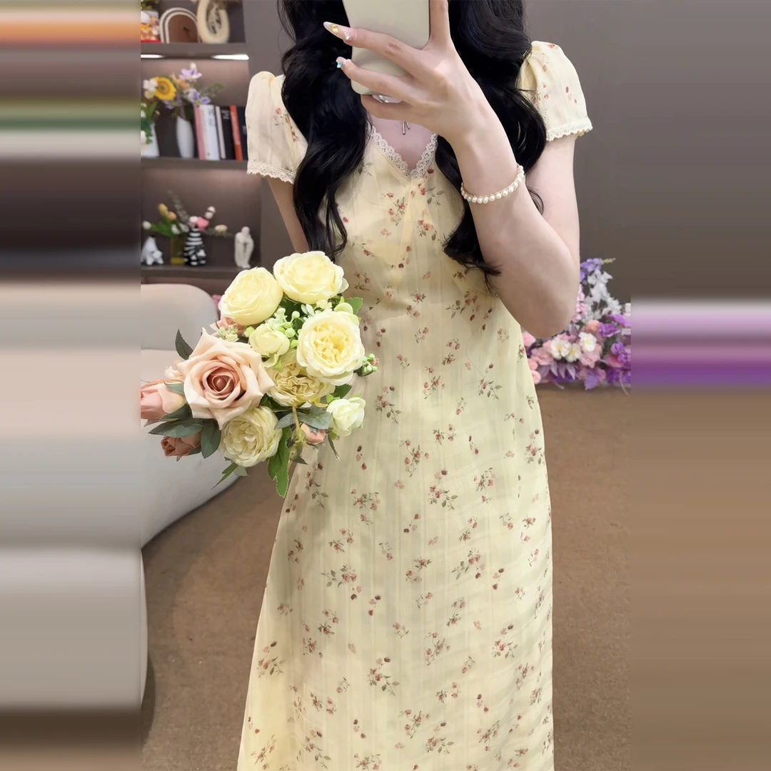 夏日绝美小裙子黄色碎花连衣裙夏季2025新款漂亮法式长裙4920