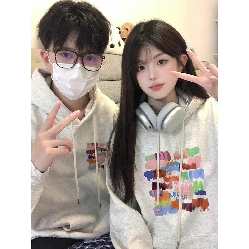 胖mm300斤灰色情侣装卫衣秋冬季2025新款秋冬季潮高级感连帽外套