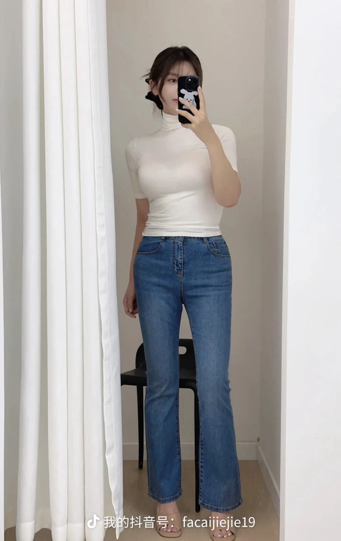 【NO退换】东大门薄款半松紧腰微喇牛仔裤