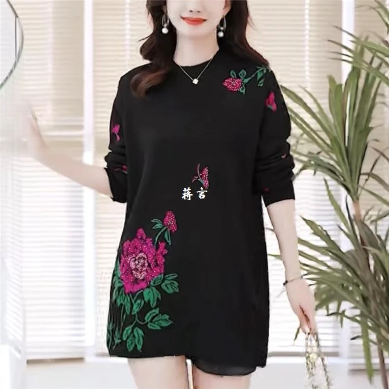 妈妈长袖打底秋冬女款针织衫中长款毛衣裙宽松大码显瘦圆领针织衫