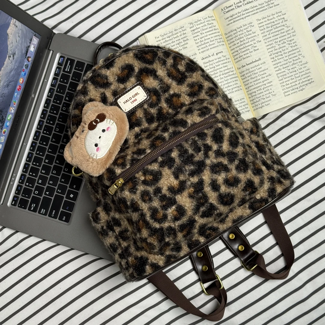 一张同学【长约28宽15高30cm】可爱双肩包C8627豹纹咖