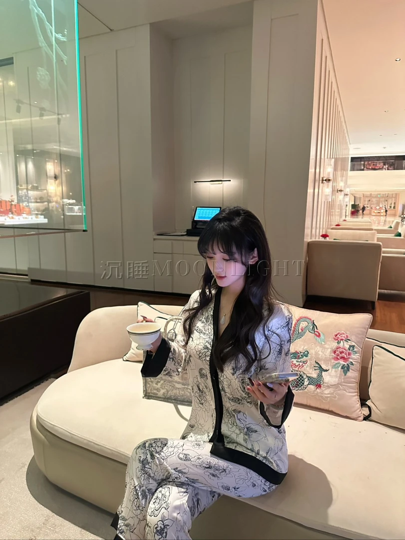 沉睡【水墨山茶花】高级睡衣女家居服套装舒适质感水墨画印花