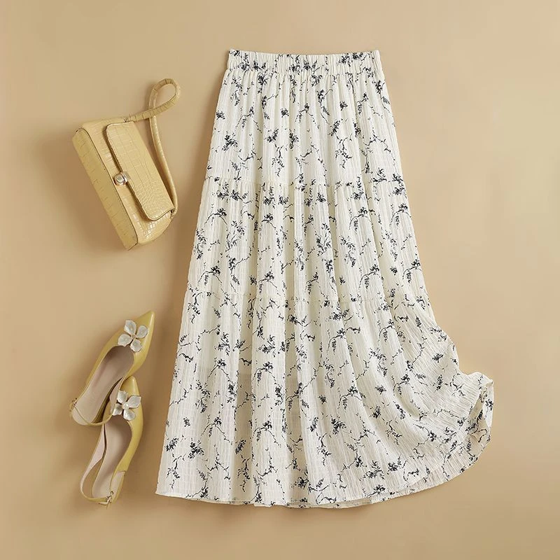 半身裙中长款复古垂坠感女新款a字雪纺印花遮胯大摆伞裙高腰夏季