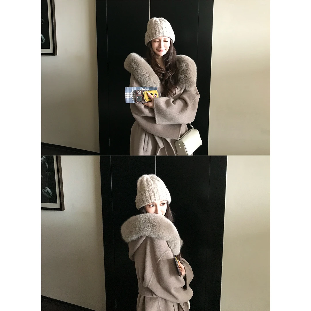 SKK'雪后初霁'高品羊毛+狐狸大毛领 贵气感系带双面呢战袍大衣!