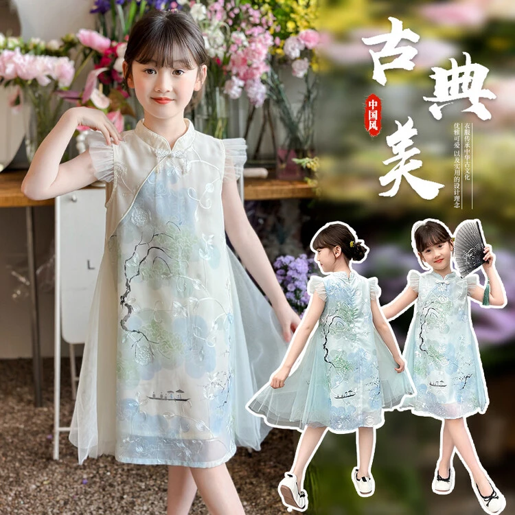 2025夏季新款女童连衣裙小飞袖旗袍裙子复古洋气小女孩