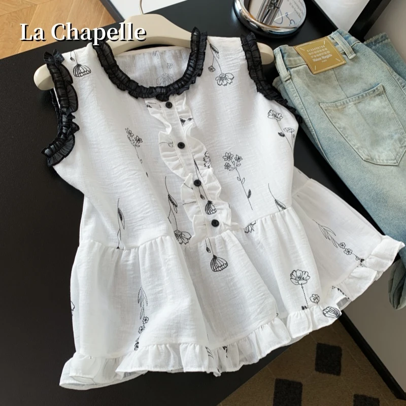 拉夏贝尔撞色拼接圆领刺绣无袖衬衫女夏新款时尚百搭显瘦减龄上衣
