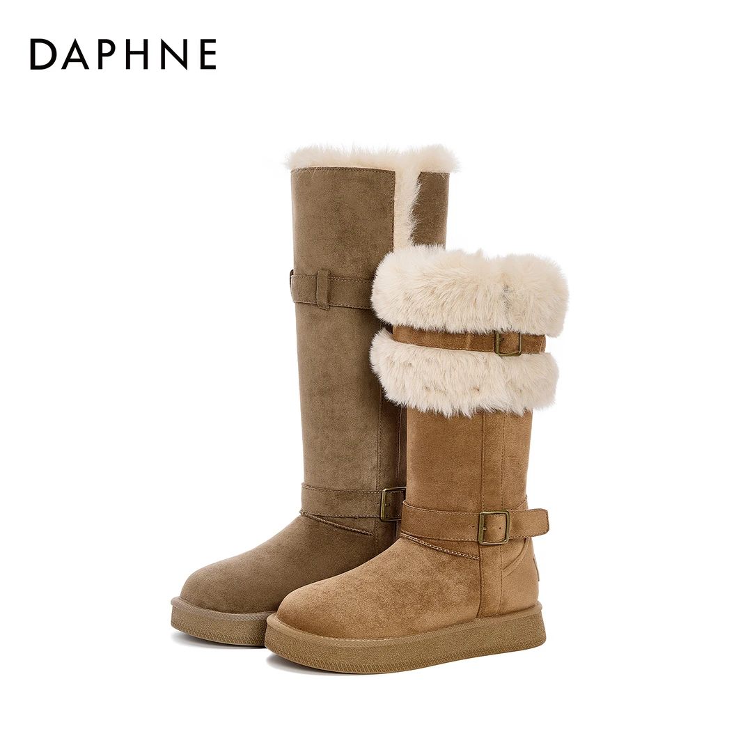 达芙妮爆款皮带扣两穿厚底雪地靴女25冬季加绒加厚长筒靴保暖棉鞋