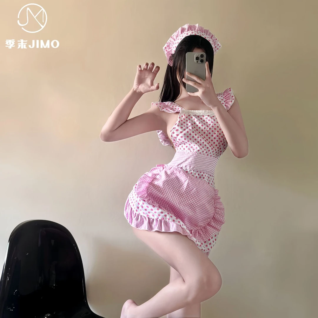 cos甜美小厨娘女仆可爱少女花边波点绑带套装夏季性感连体粉色