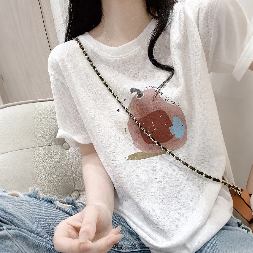 韩系减龄卡通印花短袖T恤女夏季新款轻薄雪花棉宽松百搭圆领上衣