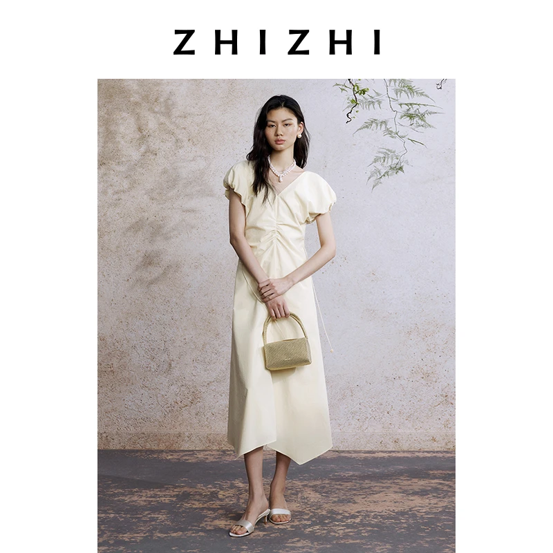 致知 解语花 气质棉感V领泡泡袖连衣裙2025夏款显瘦ZZ2EMWLQ012