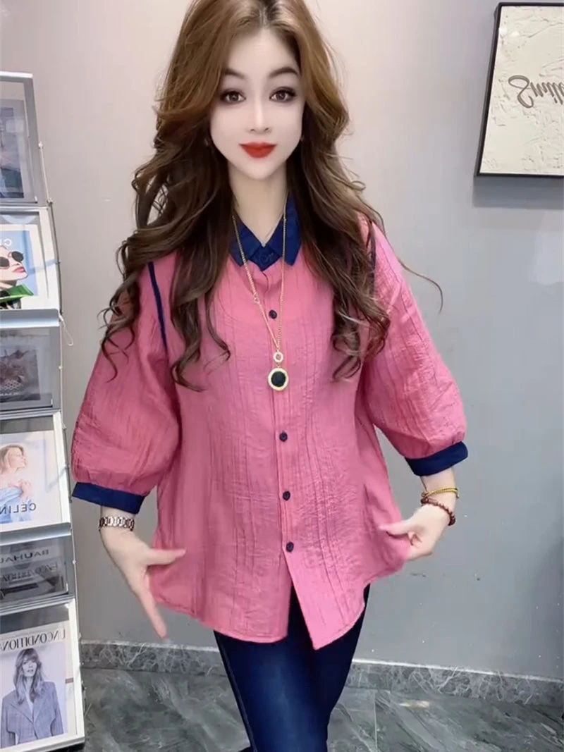 艾时尚拼色翻领七分袖衬衫气质减龄显瘦休闲上衣