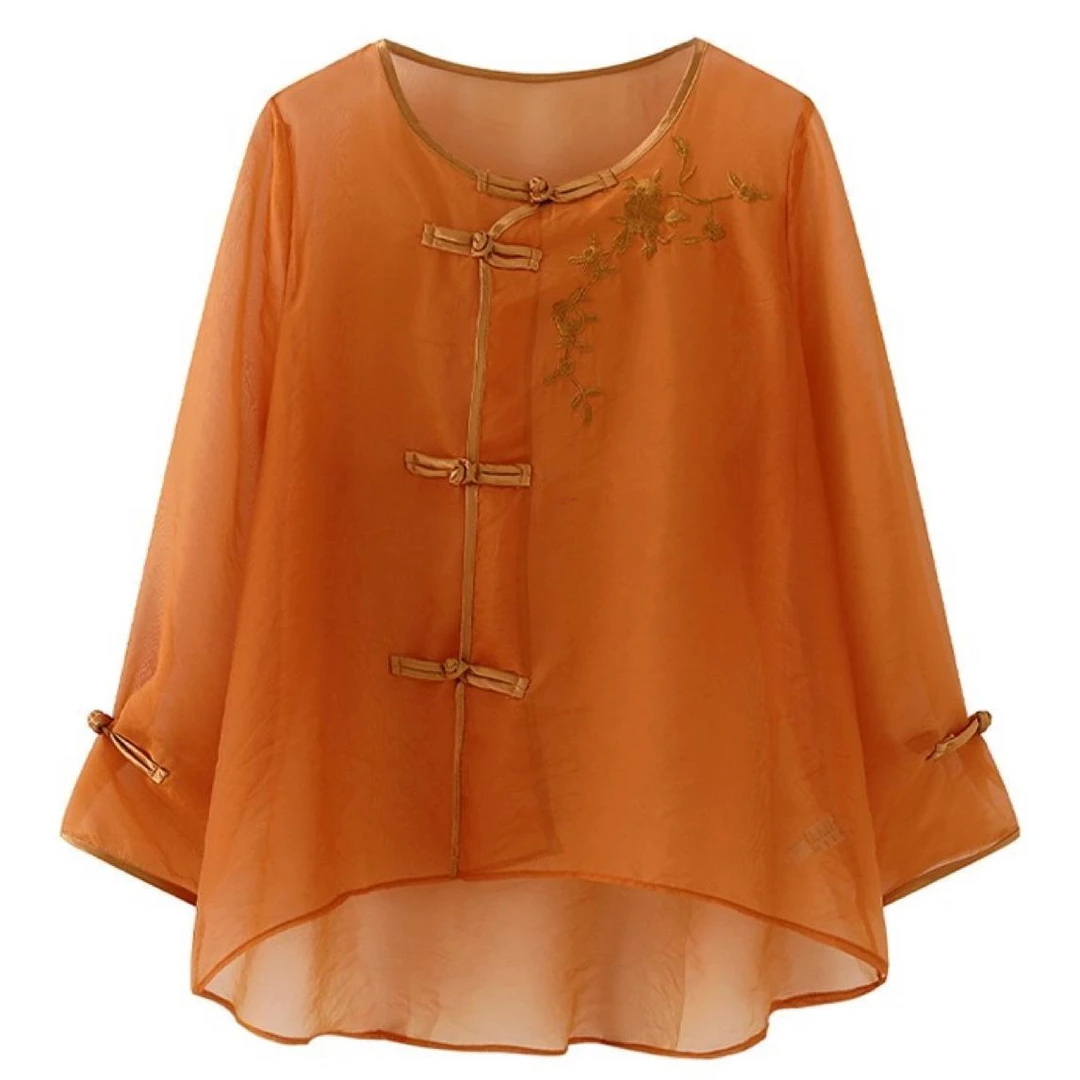 【93%好评率】新中式斜襟盘扣花朵刺绣圆领薄纱衬衫外套女前短后