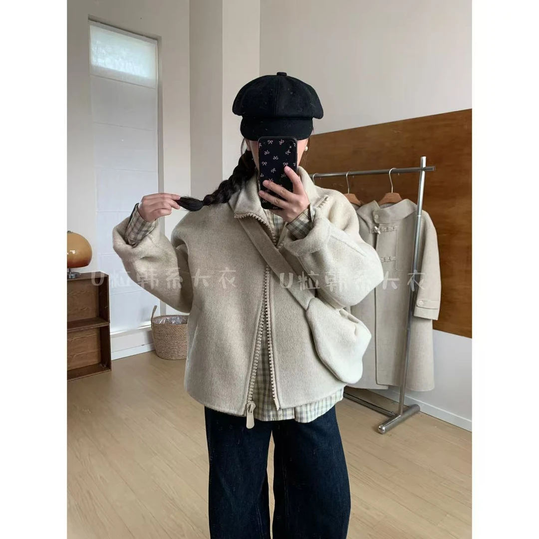 反季大促【极简冬日】韩系宽松拉链包包款时尚短款双面羊毛大衣8688