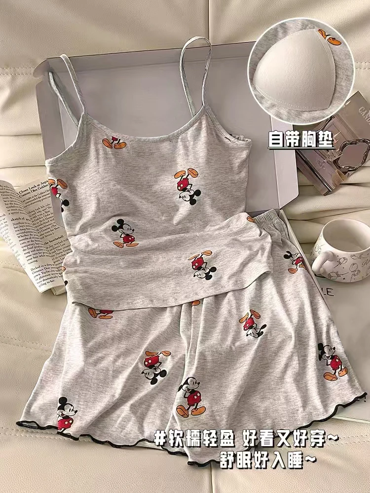 睡衣女吊带夏季米奇鼠短袖短裤卡通甜美休闲背心可外穿家居服套装