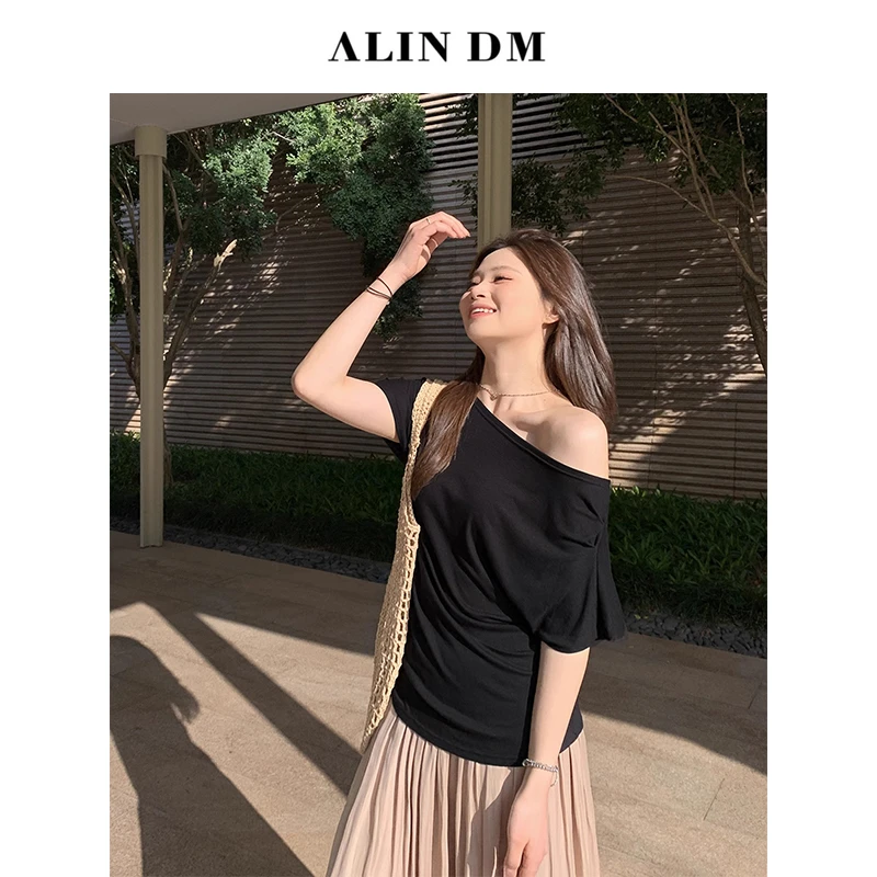 ALINDM【“张婧仪T”】大码微胖mm斜肩小蛮腰T恤短袖 KG5014
