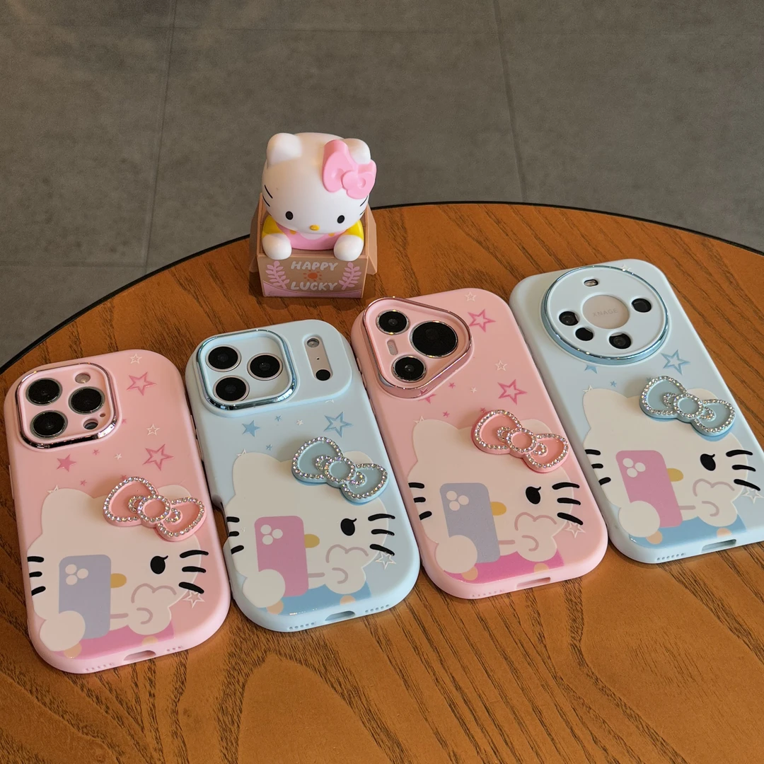 欧克里里自拍KT粉钻蝴蝶结适用苹果17/16手机壳华为vivo小米oppo