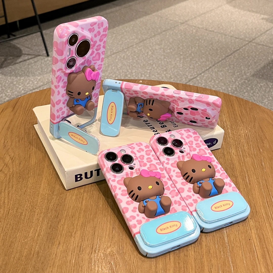 甜酷风豹纹kitty猫支架适用苹果16/13手机壳华为vivoppo小米15女