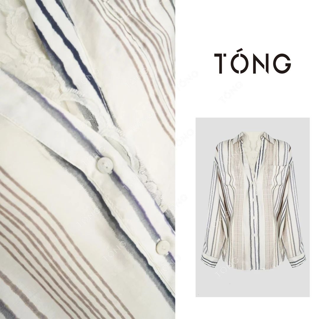 【松枫】法式复古条纹V领蕾丝长袖衬衫 YY039