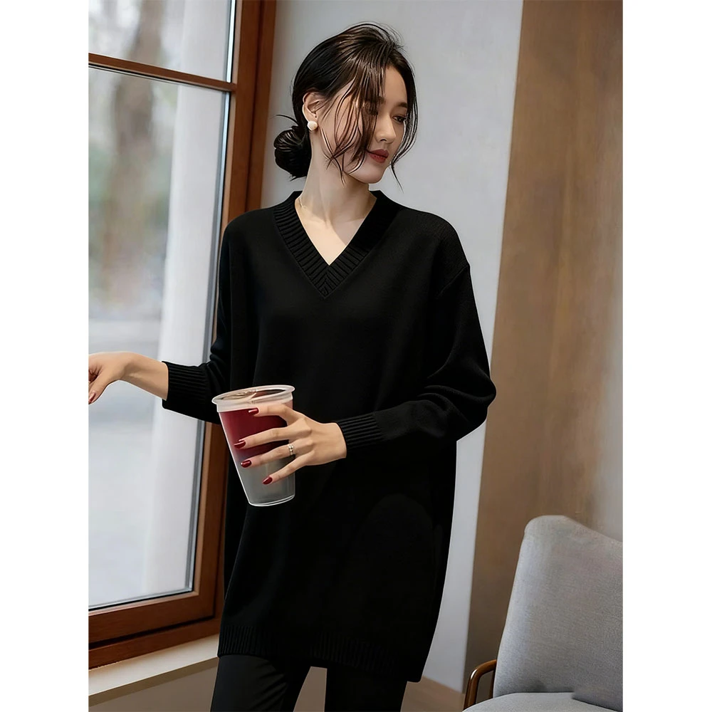 黑色V领套头针织衫女士秋冬慵懒风宽松显瘦中长款遮屁股毛衣上衣