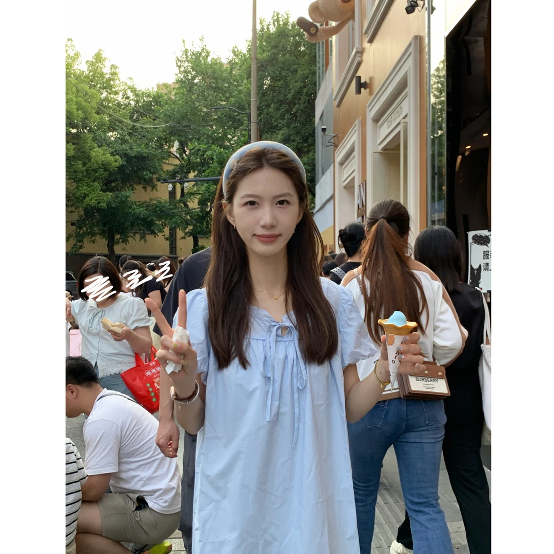 [YS]韩系圆领娃娃系带牛仔连衣裙韩版甜美宽松夏季~X394