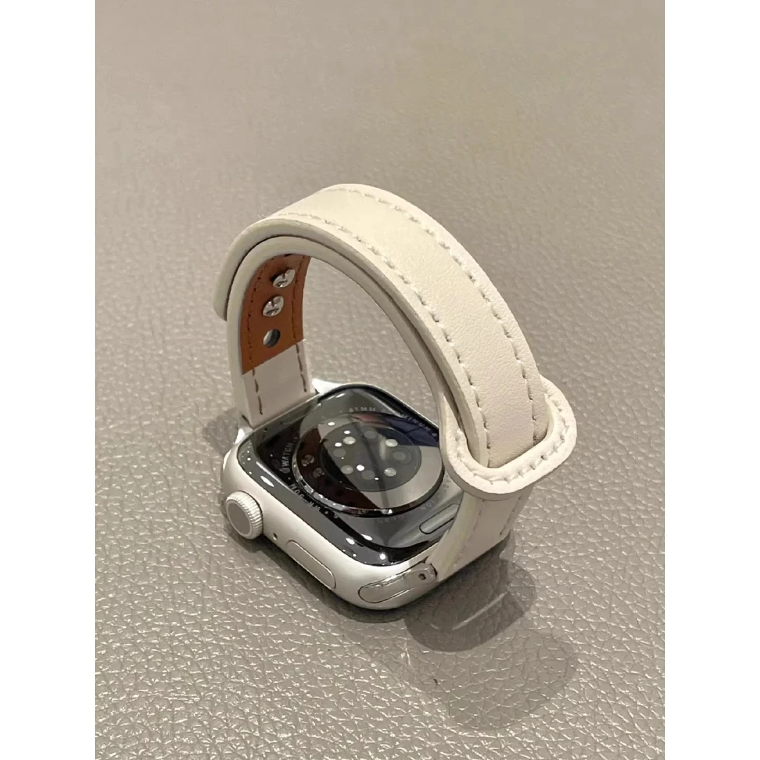 适用苹果手表S10简约iwatchS9双钉皮质applewatchS8细款S7/S6表带