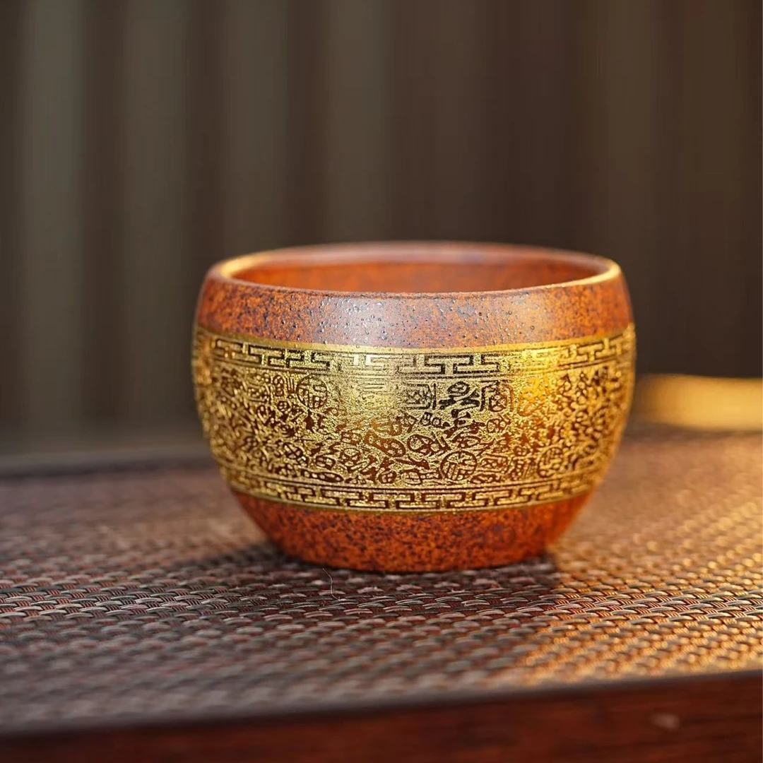 宜兴紫砂茶具 原矿龙骨金砂泥料鎏金全手工刻绘百福主人杯品茗杯