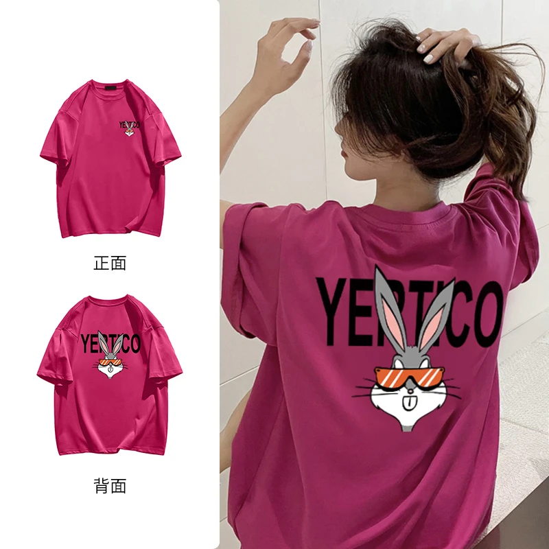PRPN夏季潮流百搭火龙果色纯棉短袖T恤潮兔印花洋气网红上衣#N94