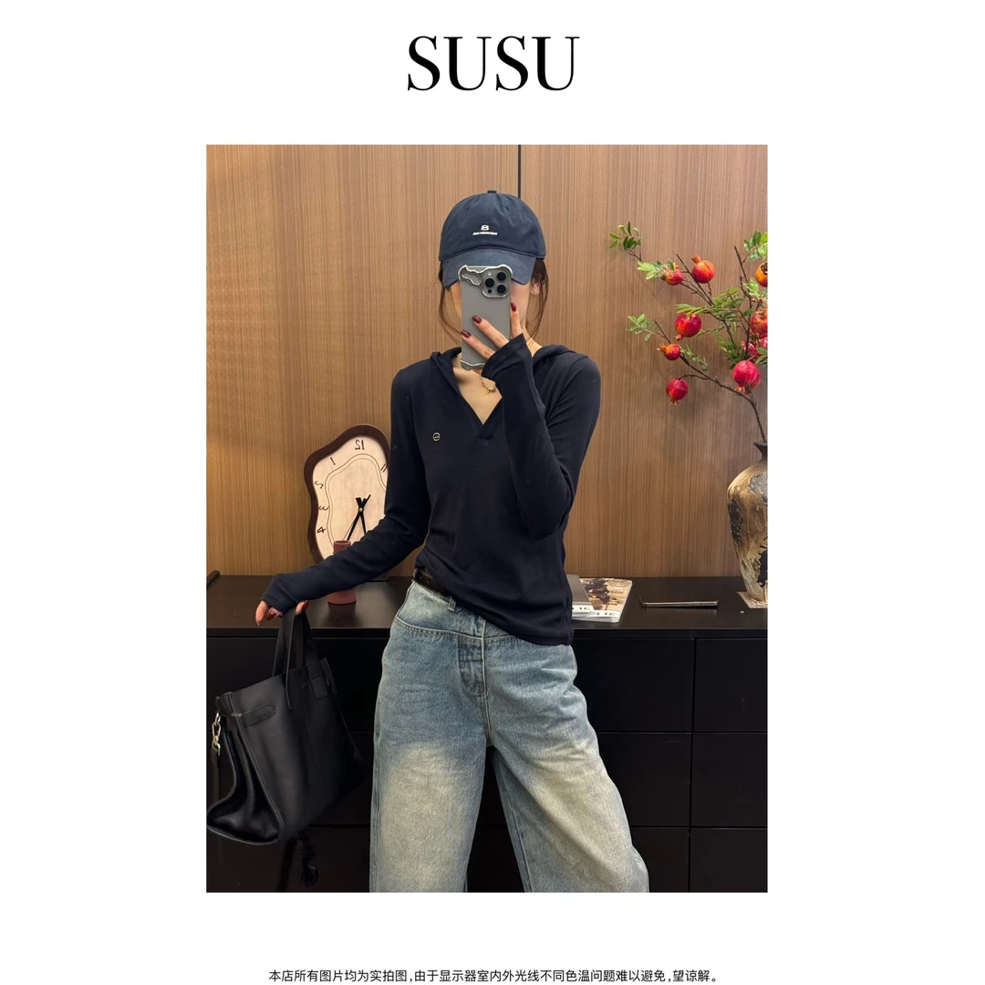 2025春季新款【山涧清泉】极简高级V领连帽上衣