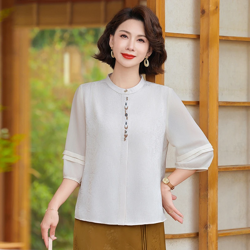中年妈妈夏装减龄七分袖雪纺小衫2025新款中老年女装夏季衬衫上衣