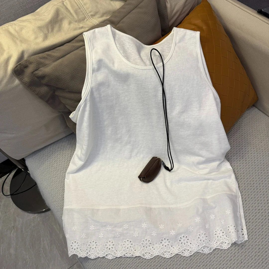 新款韩版原单圆领刺绣花边吊带白色宽松棉布背心打底女31071