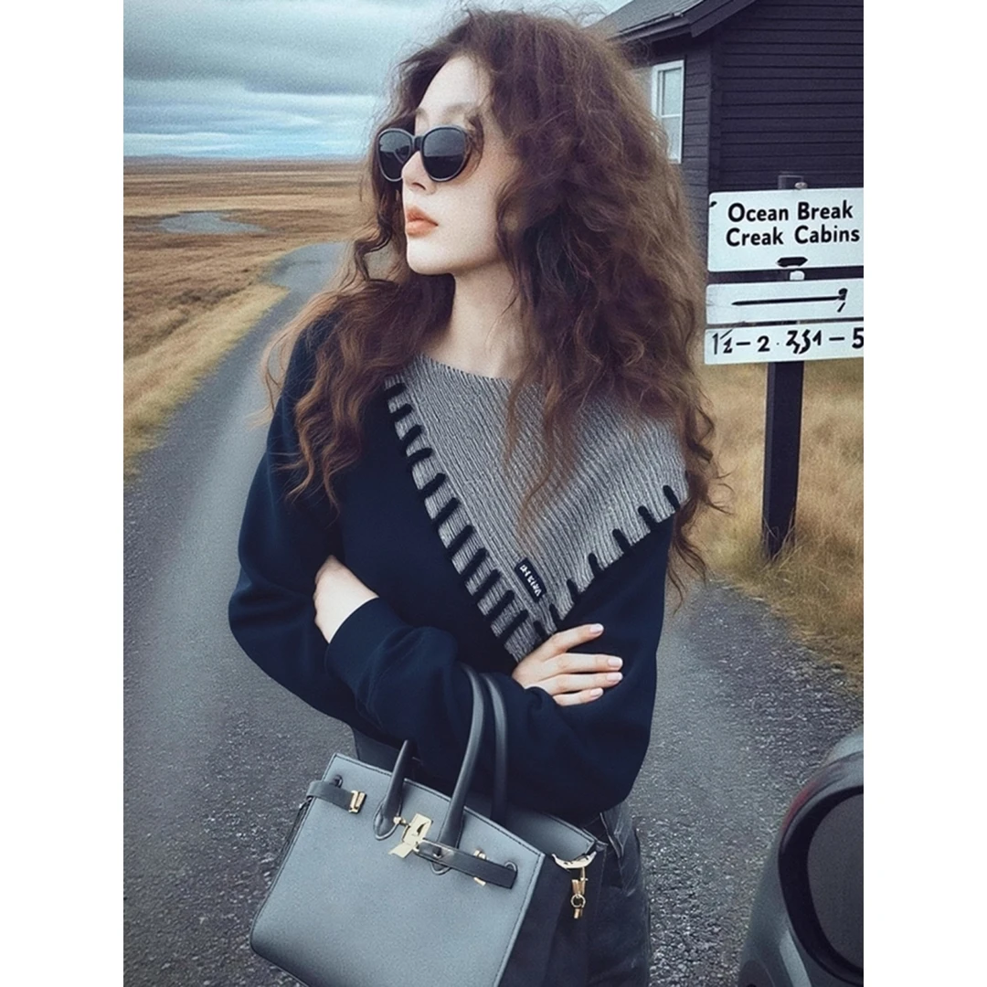 美式复古不规则假两件长袖上衣设计感秋冬独特修身撞色拼接针织女