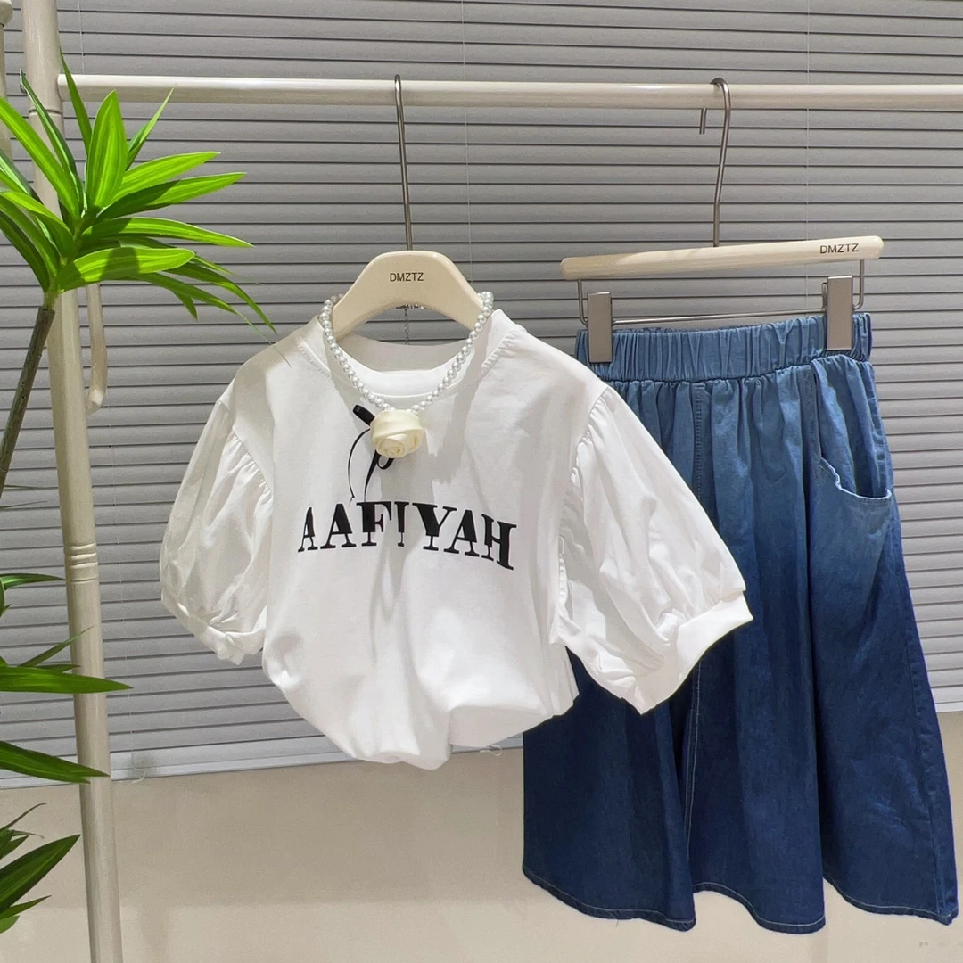 55-女童韩版简约字母泡泡袖短袖牛仔半身裙