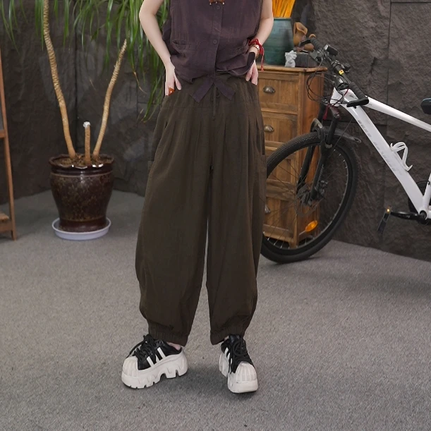 亚麻灯笼裤休闲裤女夏季新款高腰宽松束脚阔腿裤百搭显瘦九分