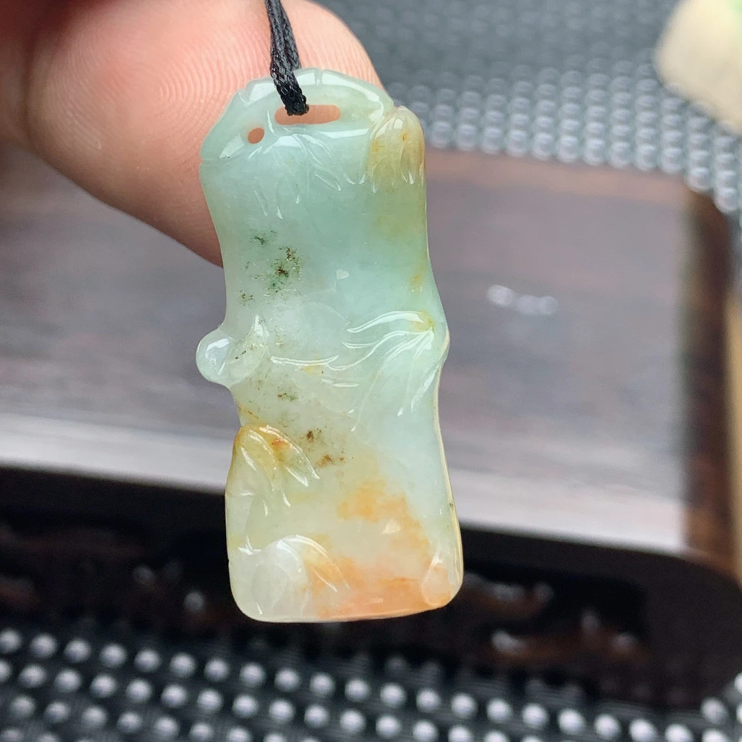 天然缅甸A货翡翠玉石三彩红翡竹节挂件吊坠