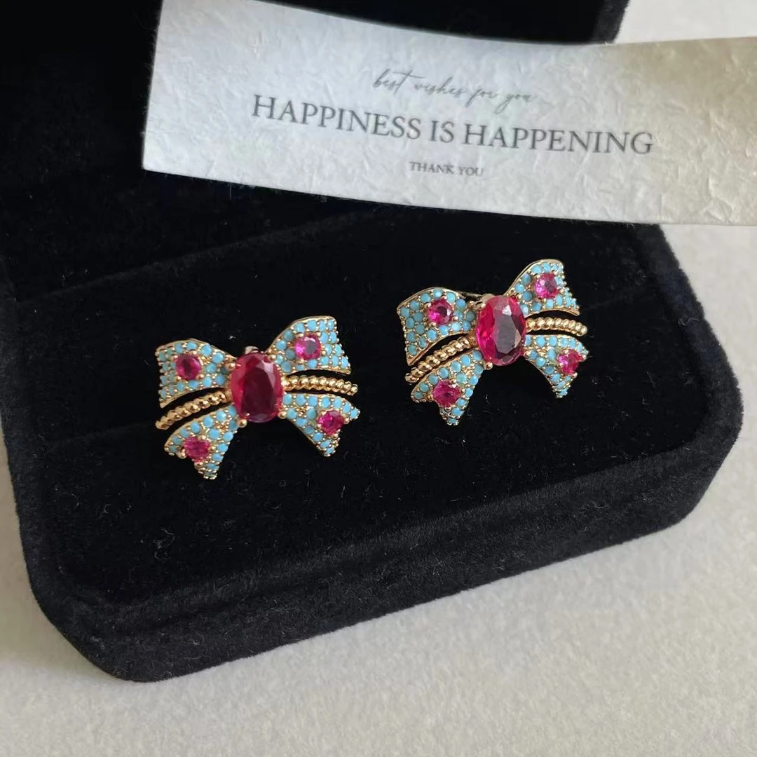合金锆石耳饰 多巴胺彩钻蝴蝶结耳钉小众重工高级2025新款耳饰女