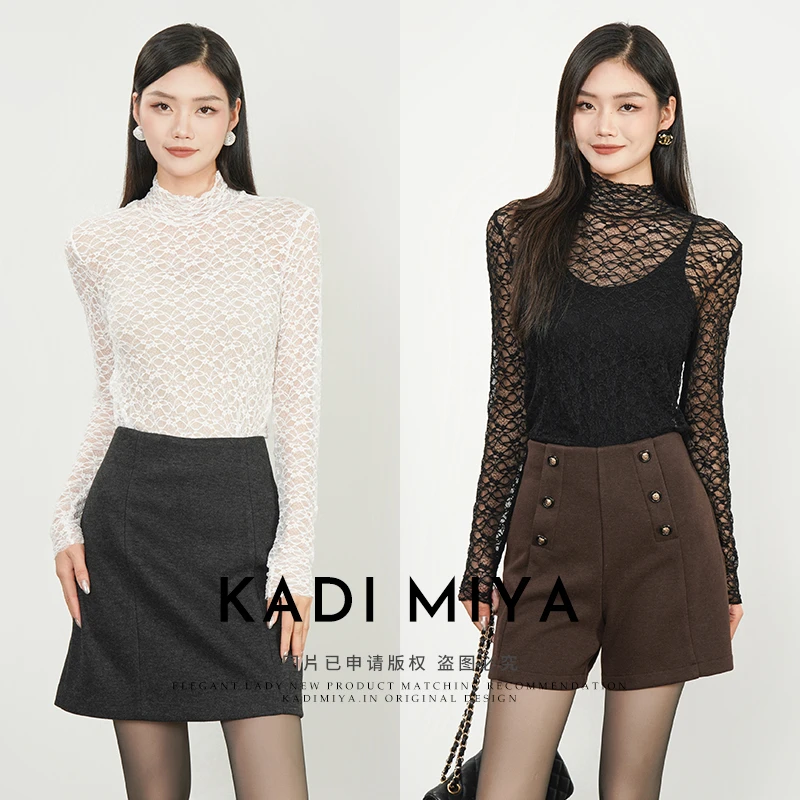 KADIMIYA【香颂衫】法式氛围感叠穿蕾丝衫修身立领打底衫高级感罩衫
