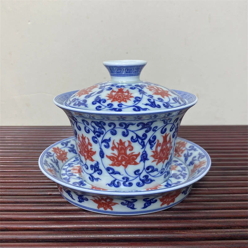 青花釉里红缠枝莲马蹄七丞堂盖碗陶瓷茶具瓷盖碗泡茶碗中式釉下彩