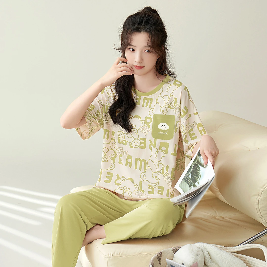 夏季薄款圆领套头睡衣套装男女式家居服可外穿 58711