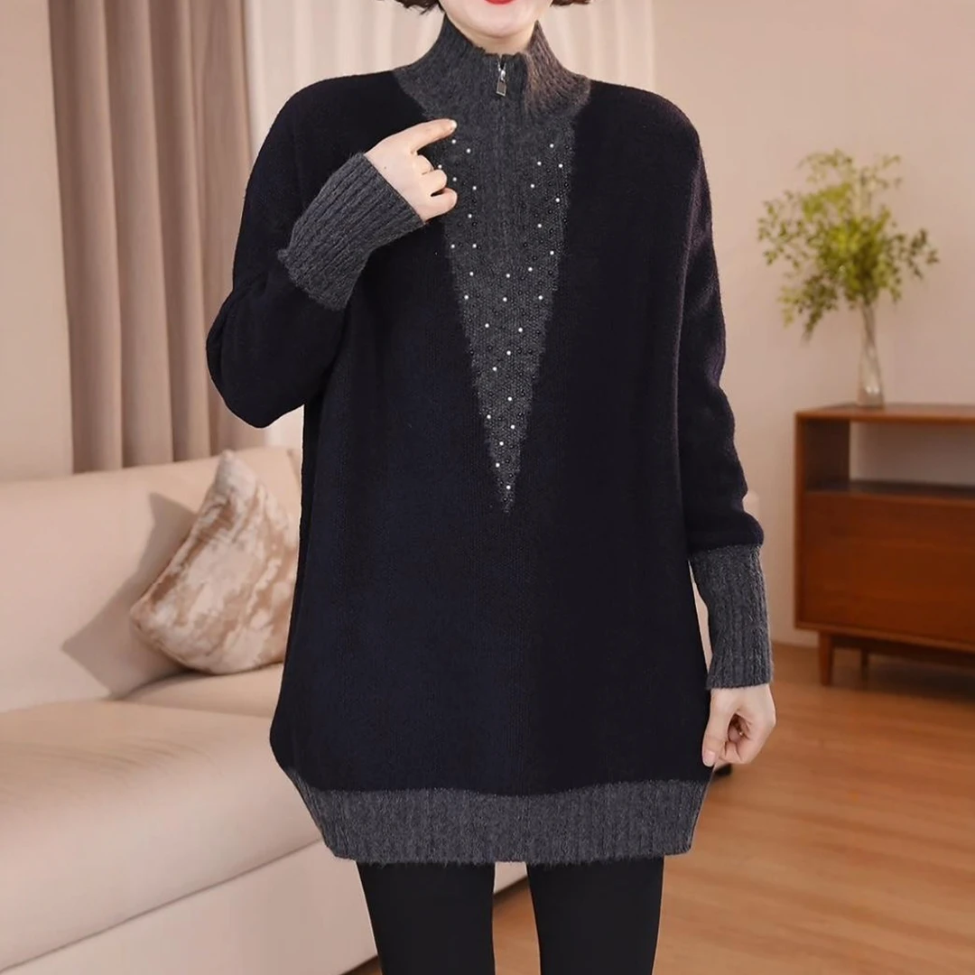2025秋冬新款半高领毛衣女宽松慵懒风针织衫中长款打底上衣打底衫