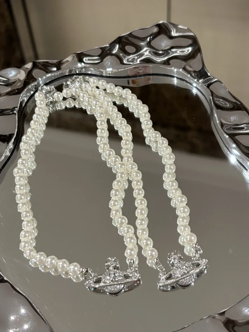 合金仿珍珠项链 【咪岛】珍珠土星项链锁骨链千金精致饰品项链