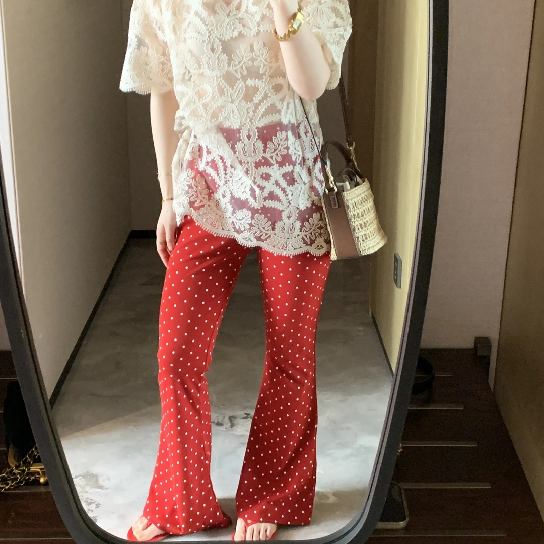 韩版时尚休闲裤高腰红色喇叭裤百搭四季常规宽松碎花波点裤