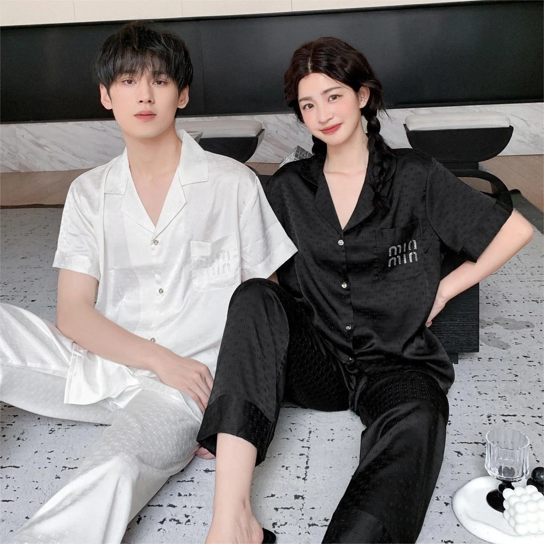 夏季新款情侣睡衣烫砖提花短袖长裤家居服冰雪丝高级感可外穿套装