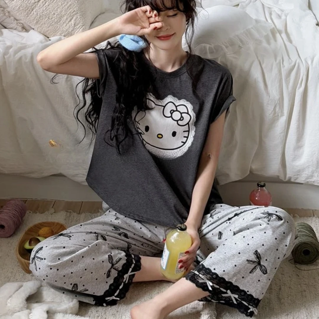春夏季新款睡衣女卡通凯蒂猫套头短袖波点长裤花边家居服套装女款