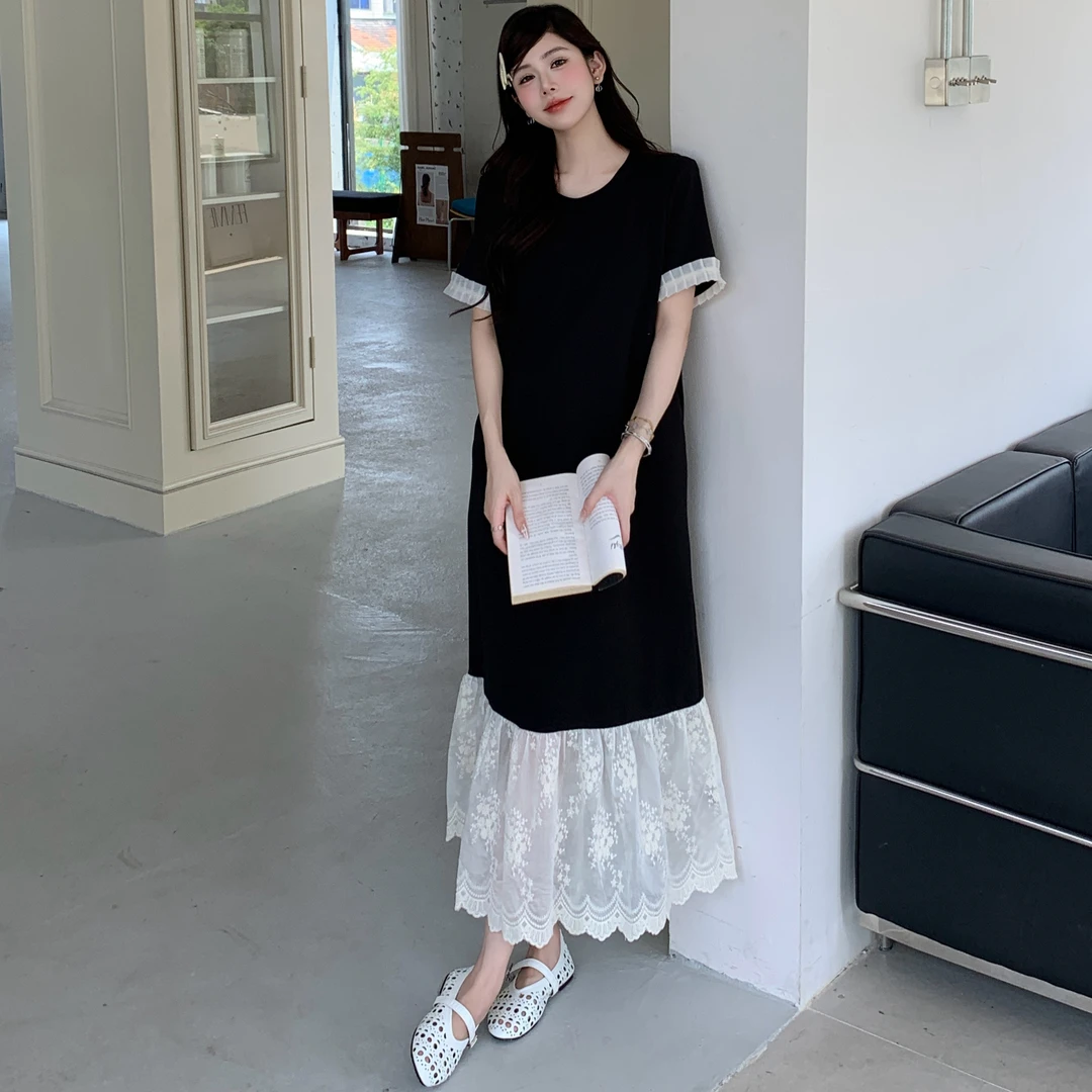 2025夏新款/层次美学懒人裙撞色拼接绣花圆领短袖连衣裙