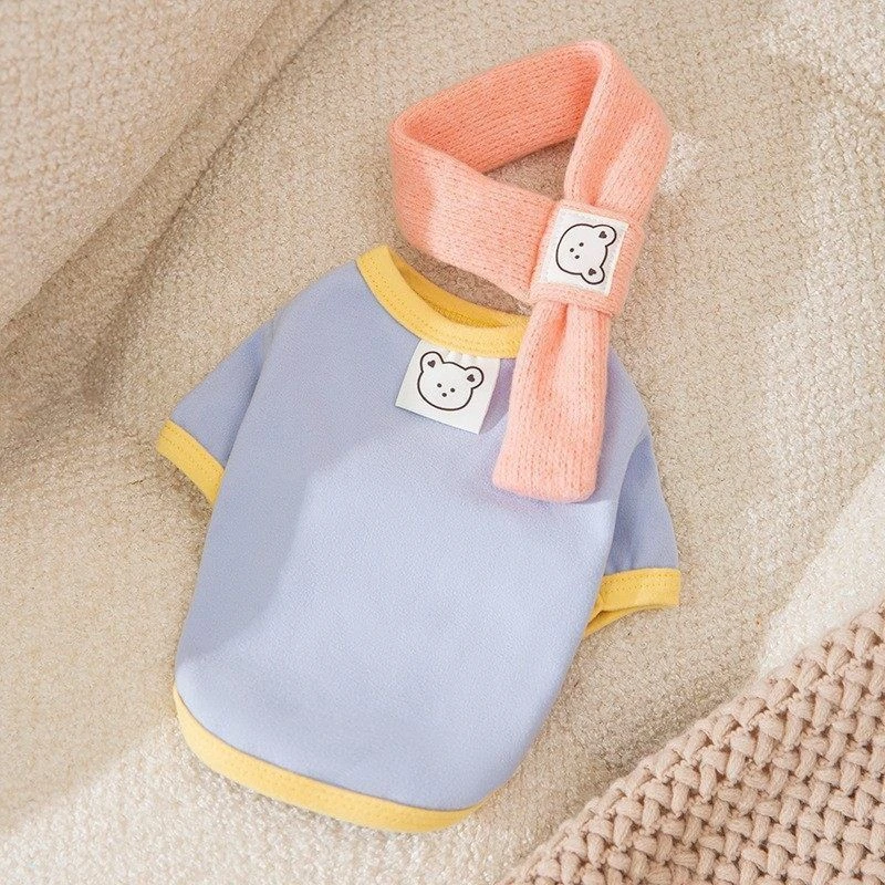 秋冬季狗狗马卡龙色系带围巾两件套小熊打底衫保暖猫咪宠物狗小猫