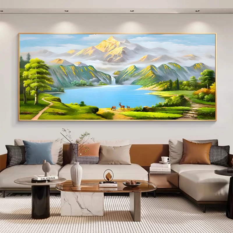 新抽象聚宝盆山水横画客厅书房沙发背景办公室墙镶钻晶瓷装饰挂画