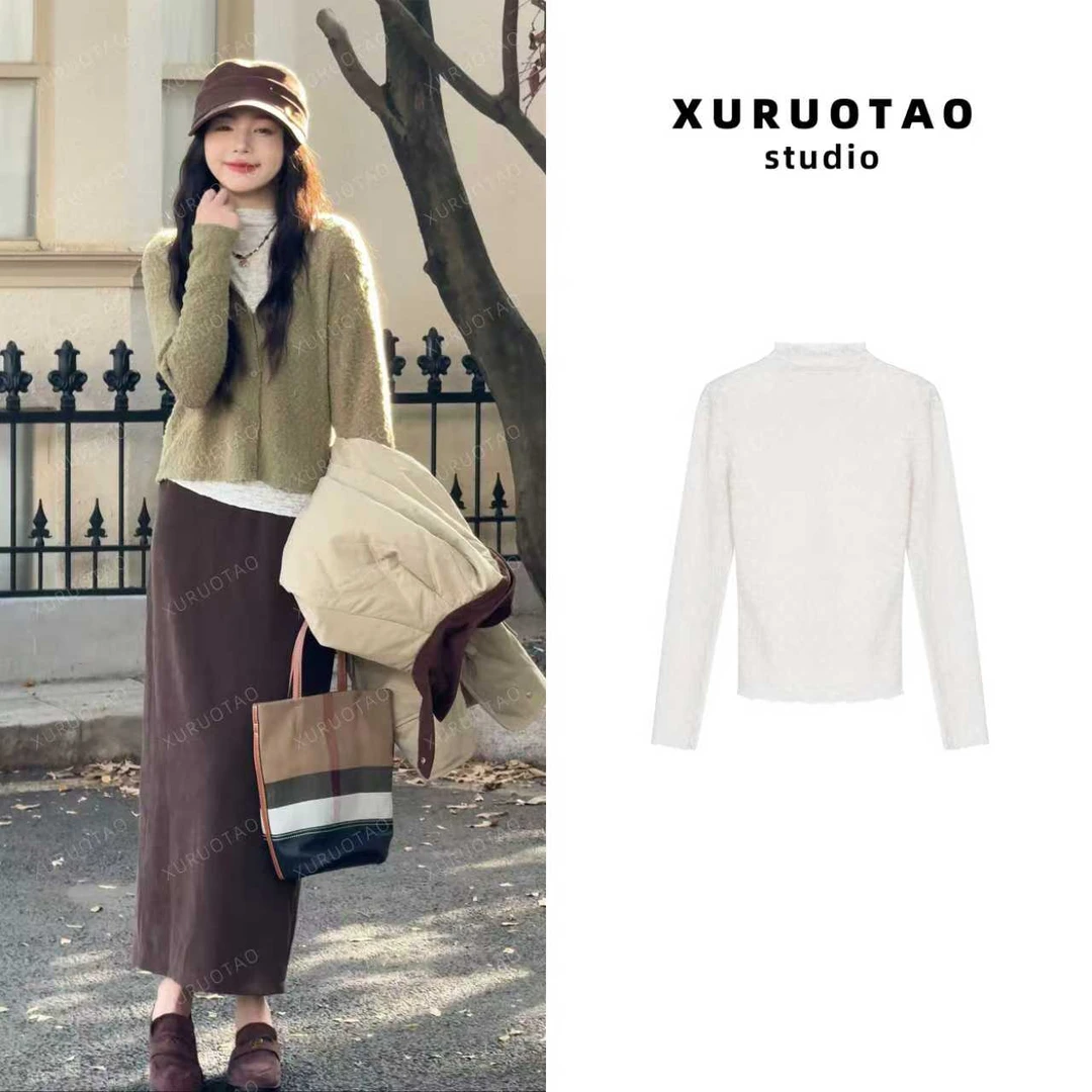 XURUOTAO【优雅弧度】亚麻蕾丝提花勾花设计感显瘦白色上衣 T5754