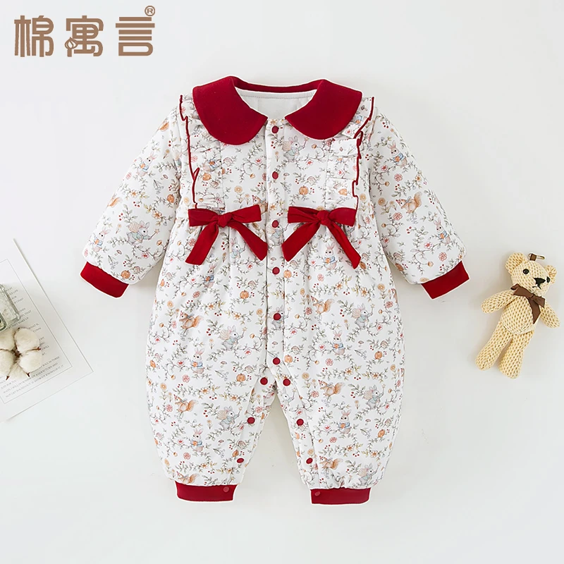 婴儿夹棉连体衣秋冬季外出服纯棉加厚保暖哈衣洋气蝴蝶结宝宝爬服